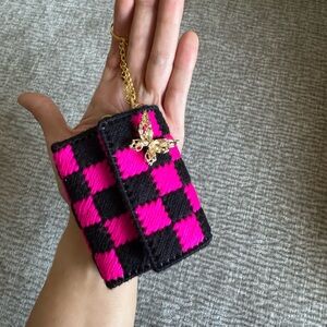 Handmade Pink & Black Checkered Keychain Pouch with Gold Butterfly Charm